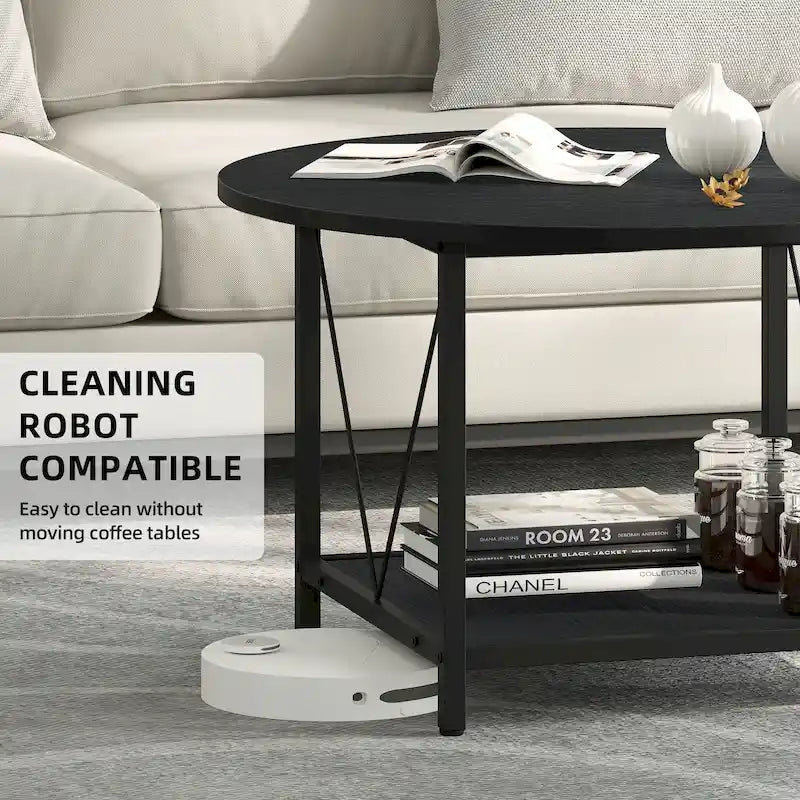 Table basse ronde à 2 niveaux de style industriel avec étagère