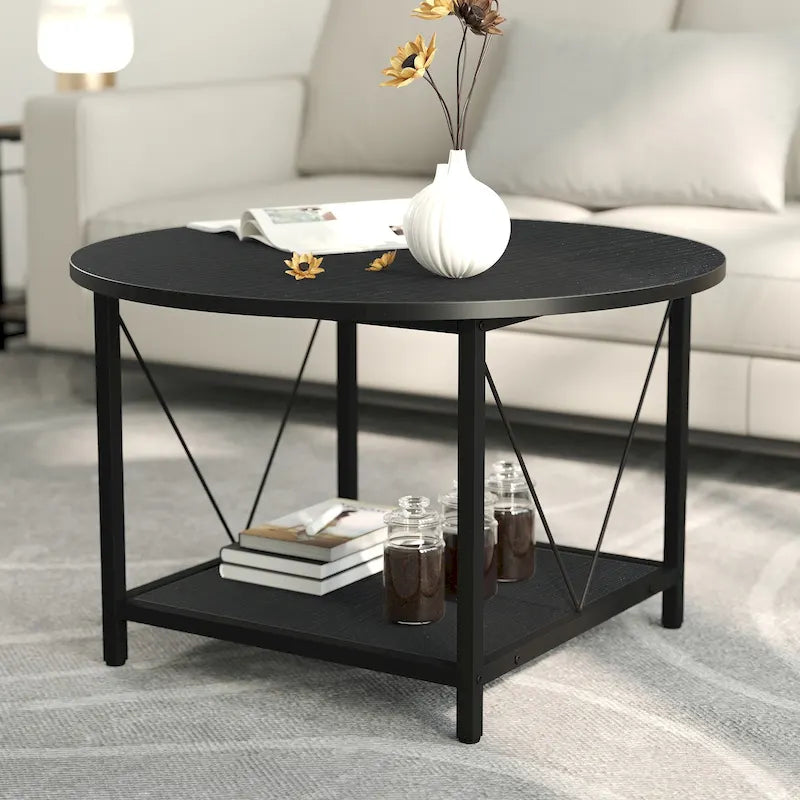 Table basse ronde à 2 niveaux de style industriel avec étagère