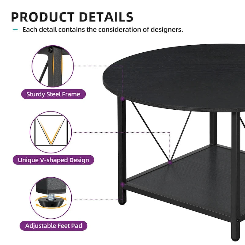 Table basse ronde à 2 niveaux de style industriel avec étagère
