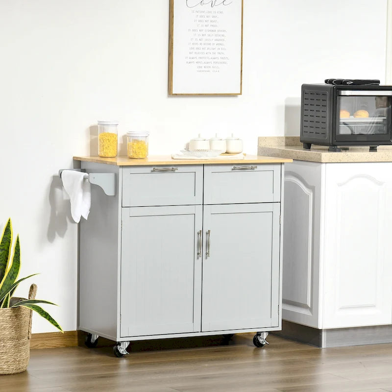 Îlot de cuisine roulant moderne de 104 cm avec dessus en bois d'hévéa et 2 tiroirs