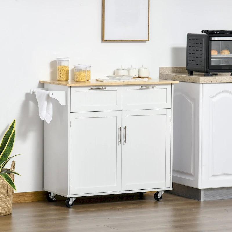 Îlot de cuisine roulant moderne de 104 cm avec dessus en bois d'hévéa et 2 tiroirs