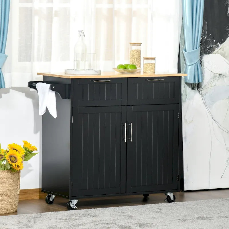 Îlot de cuisine roulant moderne de 104 cm avec dessus en bois d'hévéa et 2 tiroirs