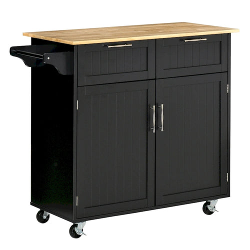 Îlot de cuisine roulant moderne de 104 cm avec dessus en bois d'hévéa et 2 tiroirs