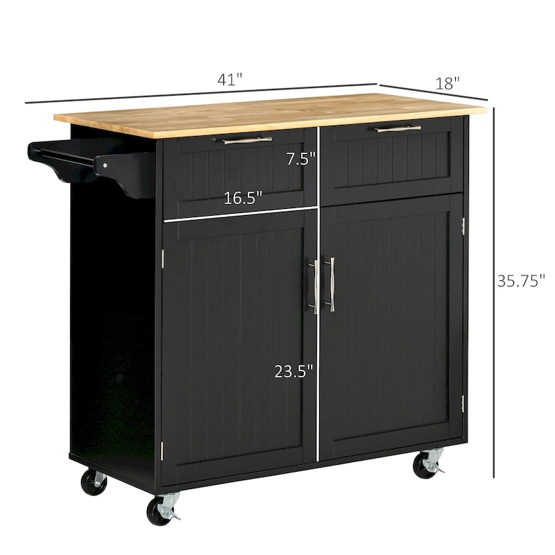 Îlot de cuisine roulant moderne de 104 cm avec dessus en bois d'hévéa et 2 tiroirs