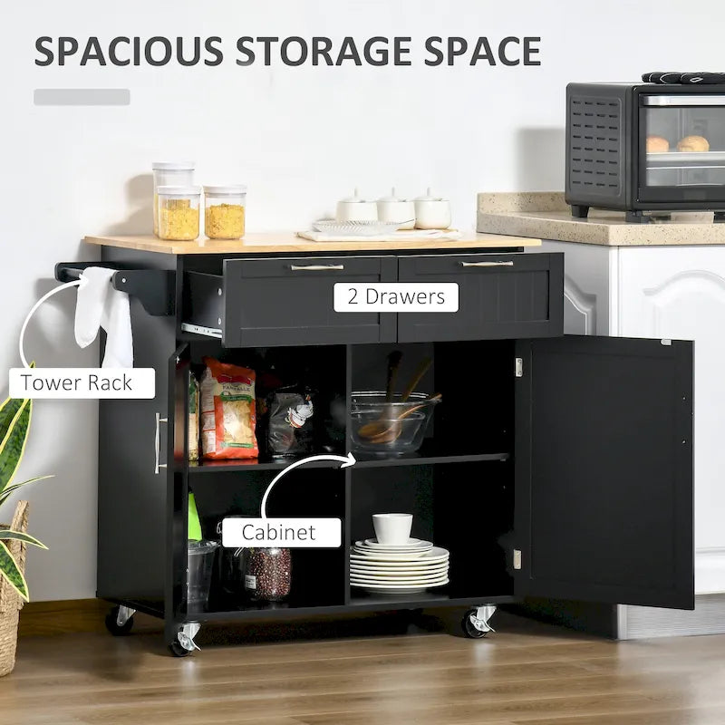 Îlot de cuisine roulant moderne de 104 cm avec dessus en bois d'hévéa et 2 tiroirs