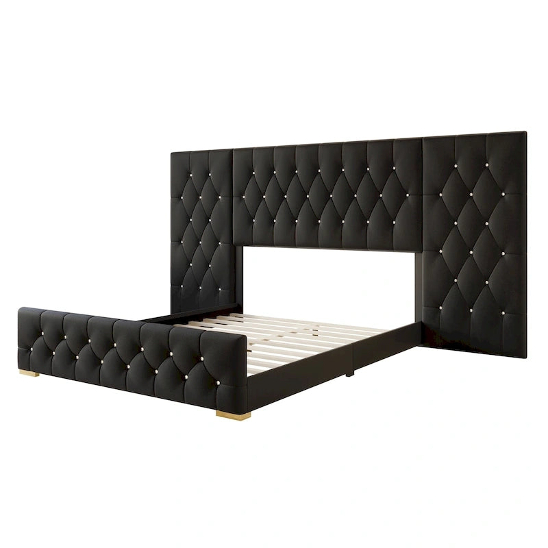 Lit plateforme capitonné en velours luxueux avec panneaux muraux