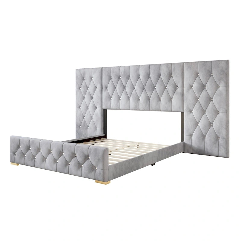 Lit plateforme capitonné en velours luxueux avec panneaux muraux