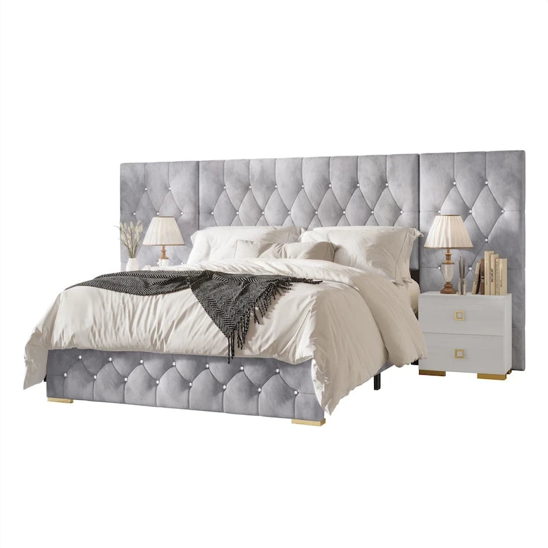 Lit plateforme capitonné en velours luxueux avec panneaux muraux
