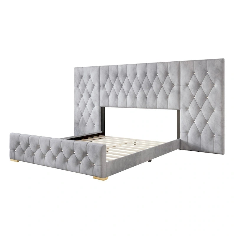 Lit plateforme capitonné en velours luxueux avec panneaux muraux