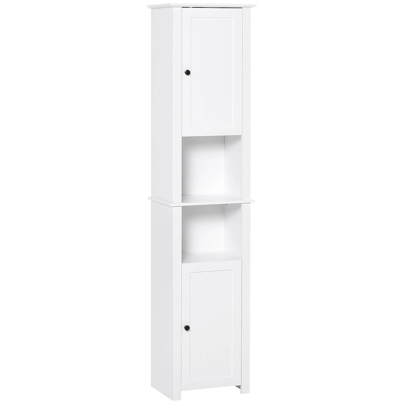 Colonne de salle de bain autoportante blanche avec étagère à 2 niveaux et 2 placards