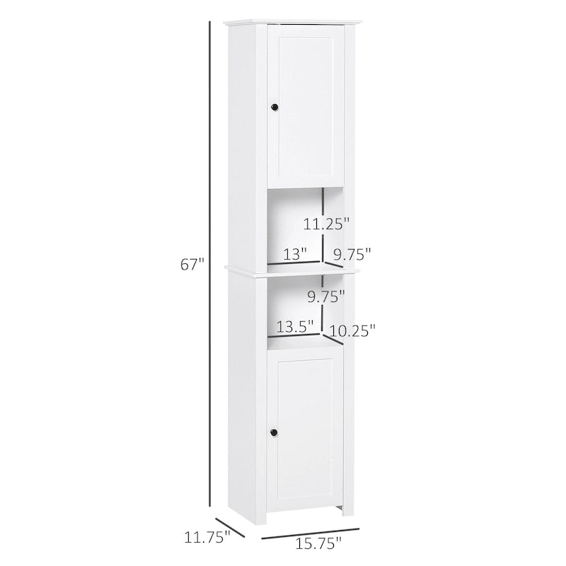 White Tall Freestanding Bathroom Linen Tower with 2-Tier Shelf and 2 Cupboards