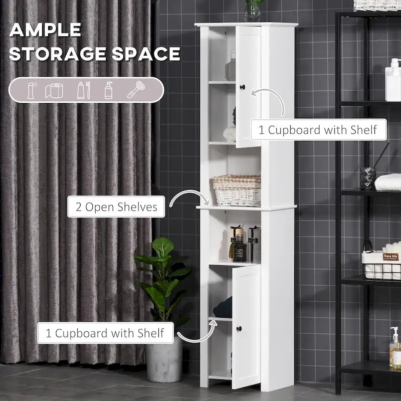 Colonne de salle de bain autoportante blanche avec étagère à 2 niveaux et 2 placards