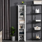 Colonne de salle de bain autoportante blanche avec étagère à 2 niveaux et 2 placards