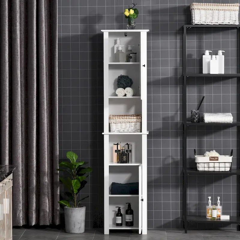 White Tall Freestanding Bathroom Linen Tower with 2-Tier Shelf and 2 Cupboards