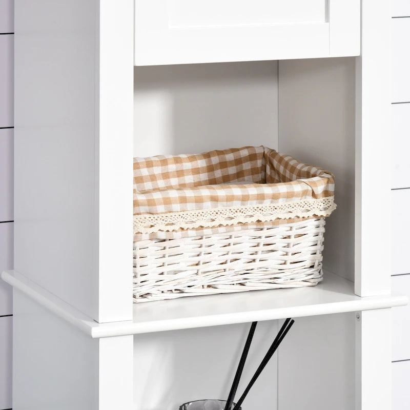 Colonne de salle de bain autoportante blanche avec étagère à 2 niveaux et 2 placards