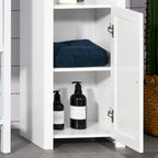 Colonne de salle de bain autoportante blanche avec étagère à 2 niveaux et 2 placards