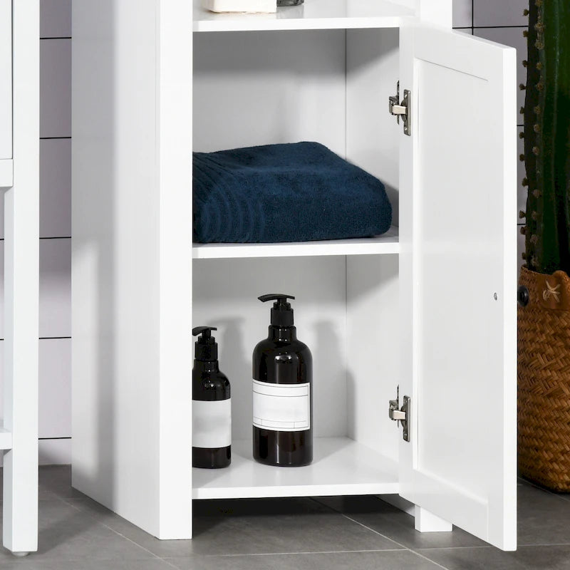 Colonne de salle de bain autoportante blanche avec étagère à 2 niveaux et 2 placards