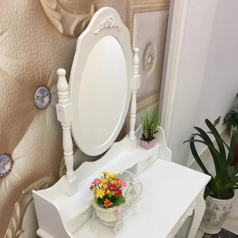 Coiffeuse blanche rotative avec miroir et tabouret - 75 x 40 x 142,5 cm