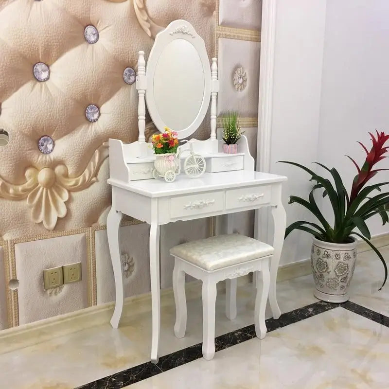 Coiffeuse blanche rotative avec miroir et tabouret - 75 x 40 x 142,5 cm