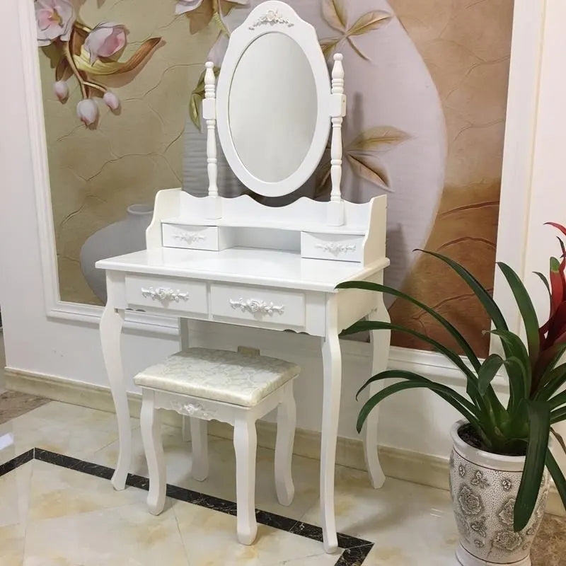 Coiffeuse blanche rotative avec miroir et tabouret - 75 x 40 x 142,5 cm
