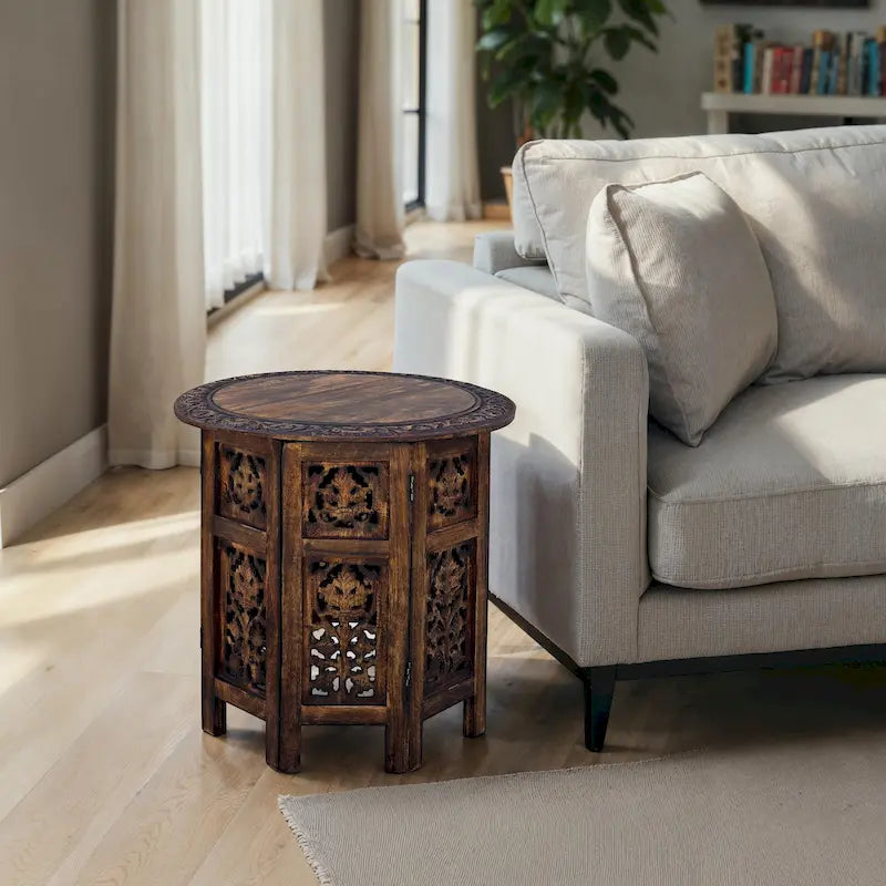 18 Inch Mango Wood Folding Accent Table, Hand Carved, Walnut Brown