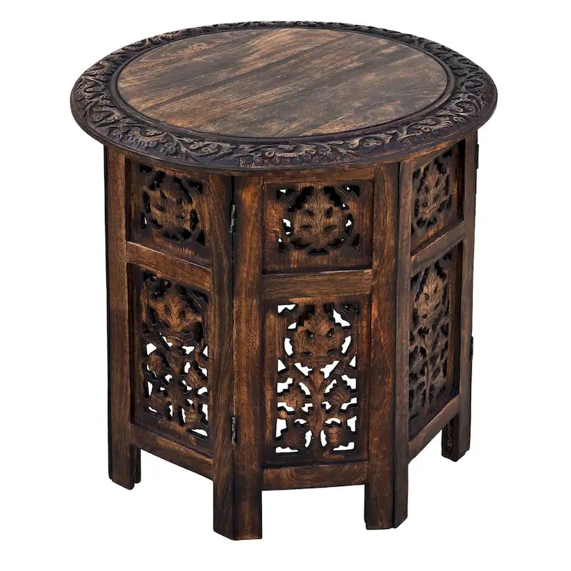 18 Inch Mango Wood Folding Accent Table, Hand Carved, Walnut Brown