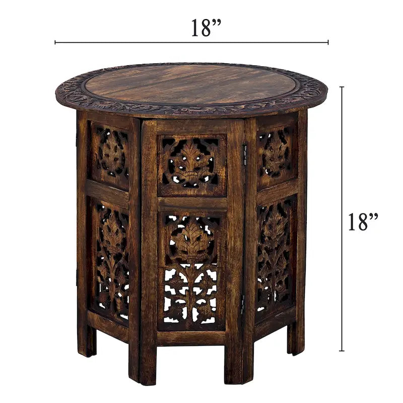 Table d'appoint pliante en bois de manguier de 45,7 cm, sculptée à la main, brun noyer