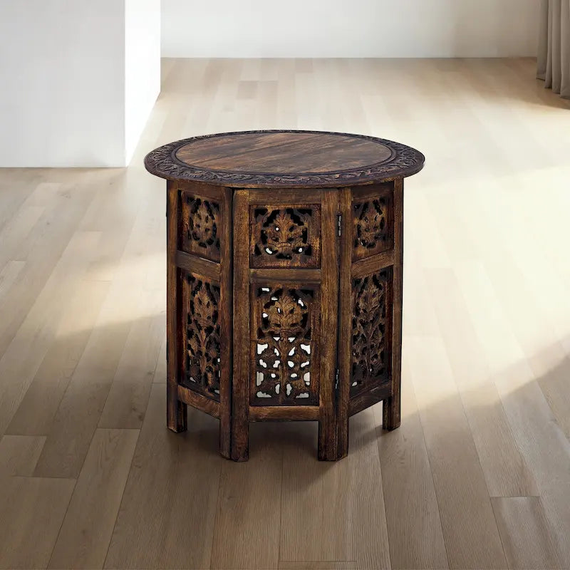 Table d'appoint pliante en bois de manguier de 45,7 cm, sculptée à la main, brun noyer
