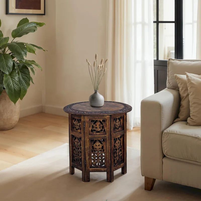 Table d'appoint pliante en bois de manguier de 45,7 cm, sculptée à la main, brun noyer