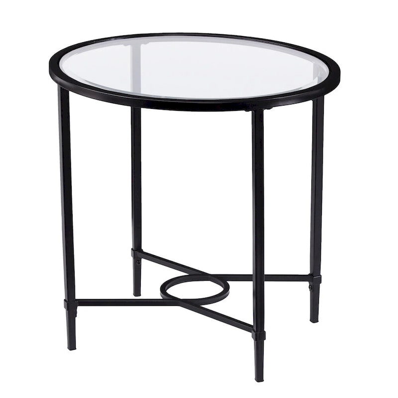Metal Scrollwork Oval Side Table with Beveled Tempered Glass