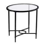 Table d'appoint ovale en métal à volutes avec plateau en verre trempé biseauté