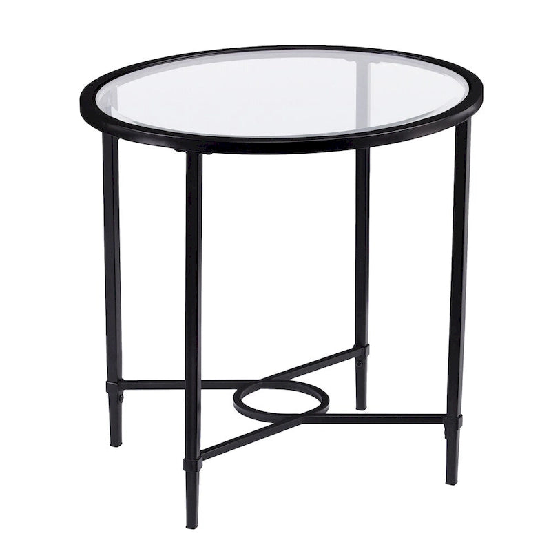 Metal Scrollwork Oval Side Table with Beveled Tempered Glass