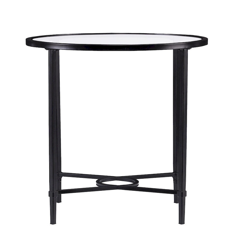 Table d'appoint ovale en métal à volutes avec plateau en verre trempé biseauté