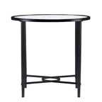 Table d'appoint ovale en métal à volutes avec plateau en verre trempé biseauté