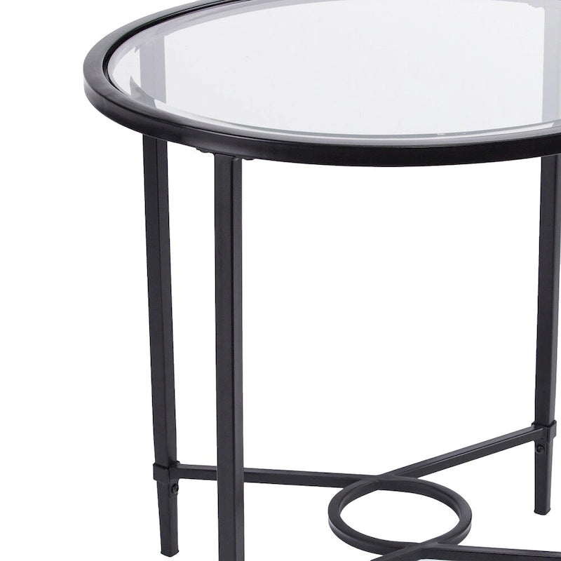 Table d'appoint ovale en métal à volutes avec plateau en verre trempé biseauté