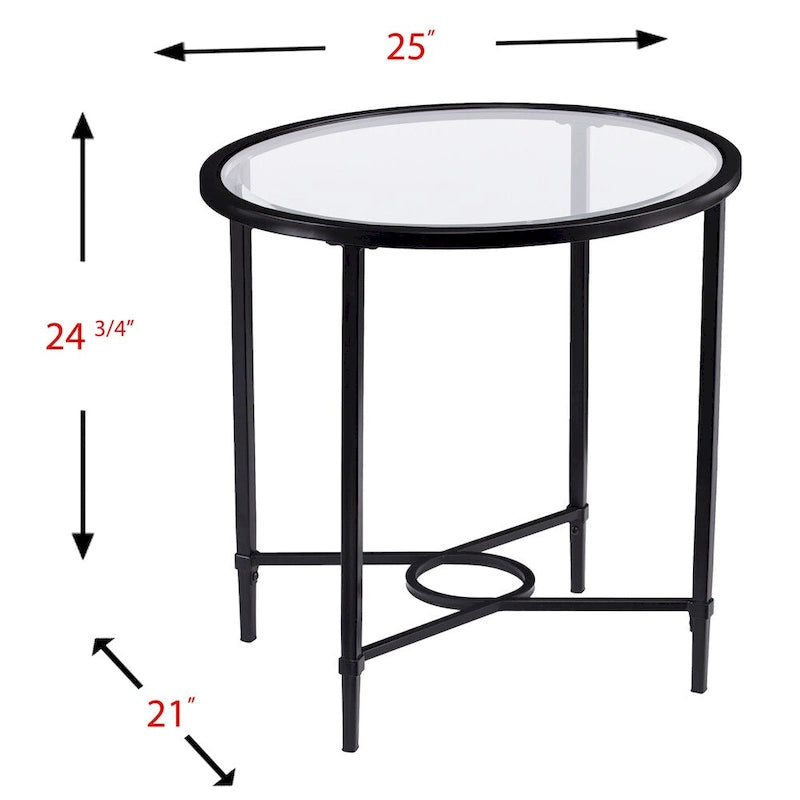 Table d'appoint ovale en métal à volutes avec plateau en verre trempé biseauté