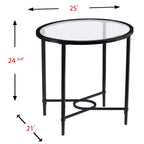 Table d'appoint ovale en métal à volutes avec plateau en verre trempé biseauté