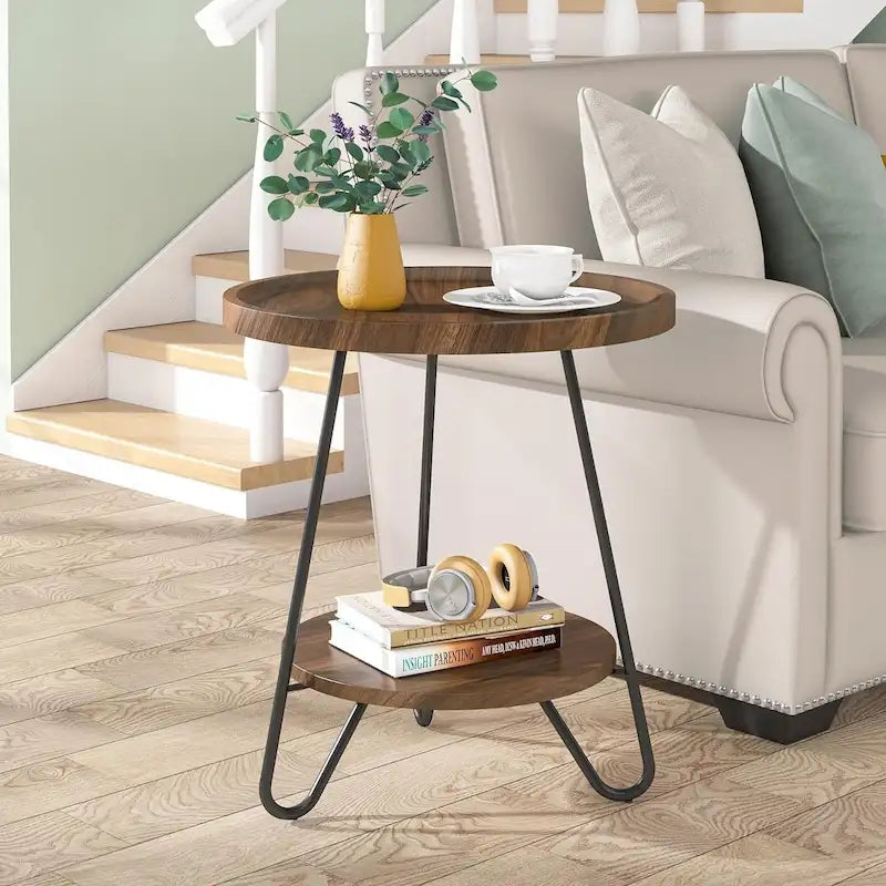 2-Tier Round Wooden Side Table with Metal Legs