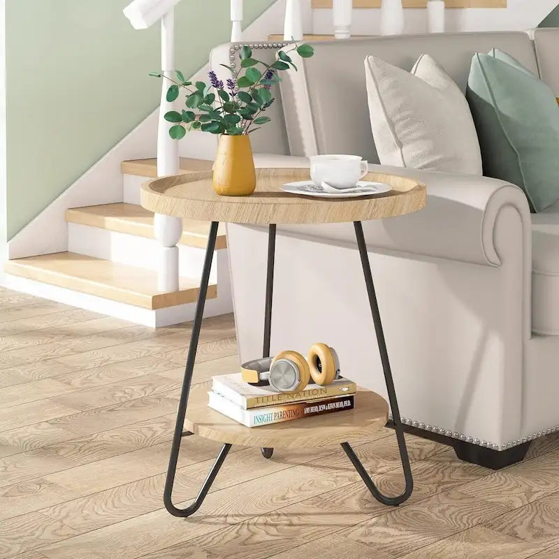 2-Tier Round Wooden Side Table with Metal Legs