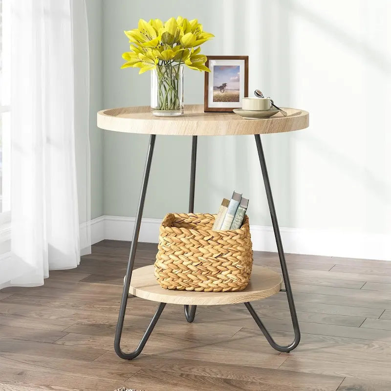2-Tier Round Wooden Side Table with Metal Legs