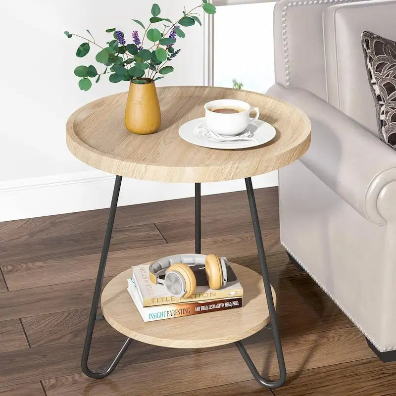 2-Tier Round Wooden Side Table with Metal Legs