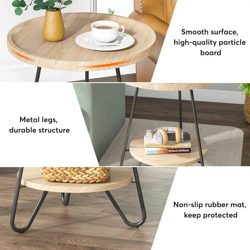 Table d'appoint ronde en bois à 2 niveaux avec pieds en métal