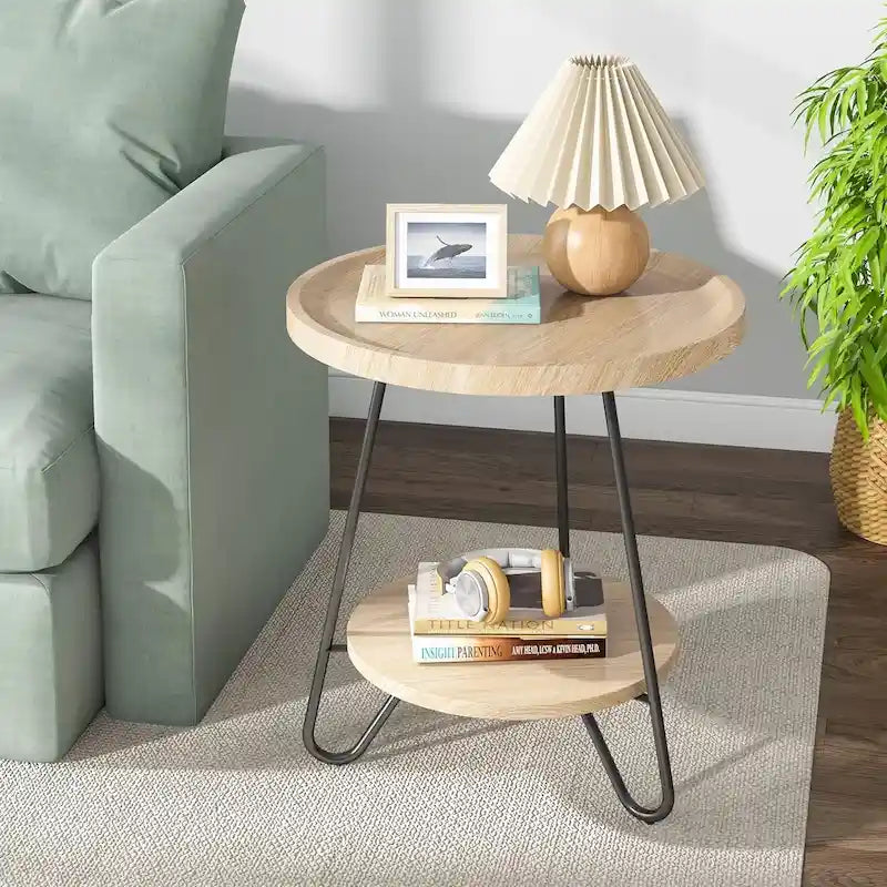 Table d'appoint ronde en bois à 2 niveaux avec pieds en métal