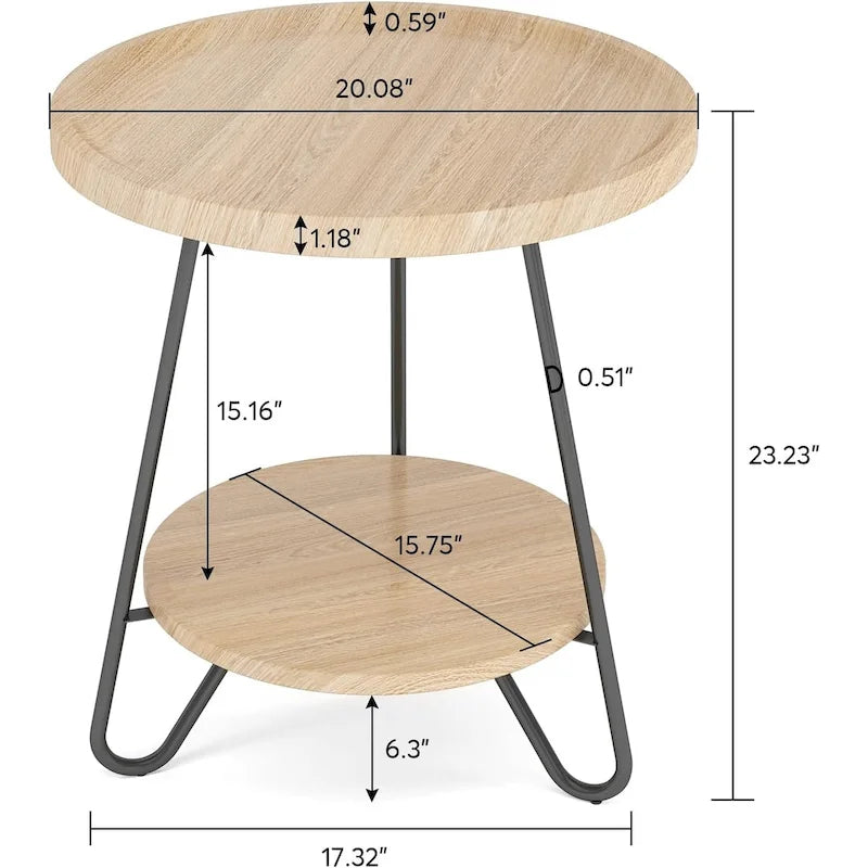 Table d'appoint ronde en bois à 2 niveaux avec pieds en métal