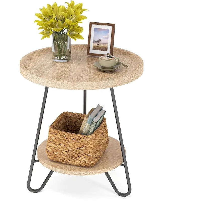 Table d'appoint ronde en bois à 2 niveaux avec pieds en métal