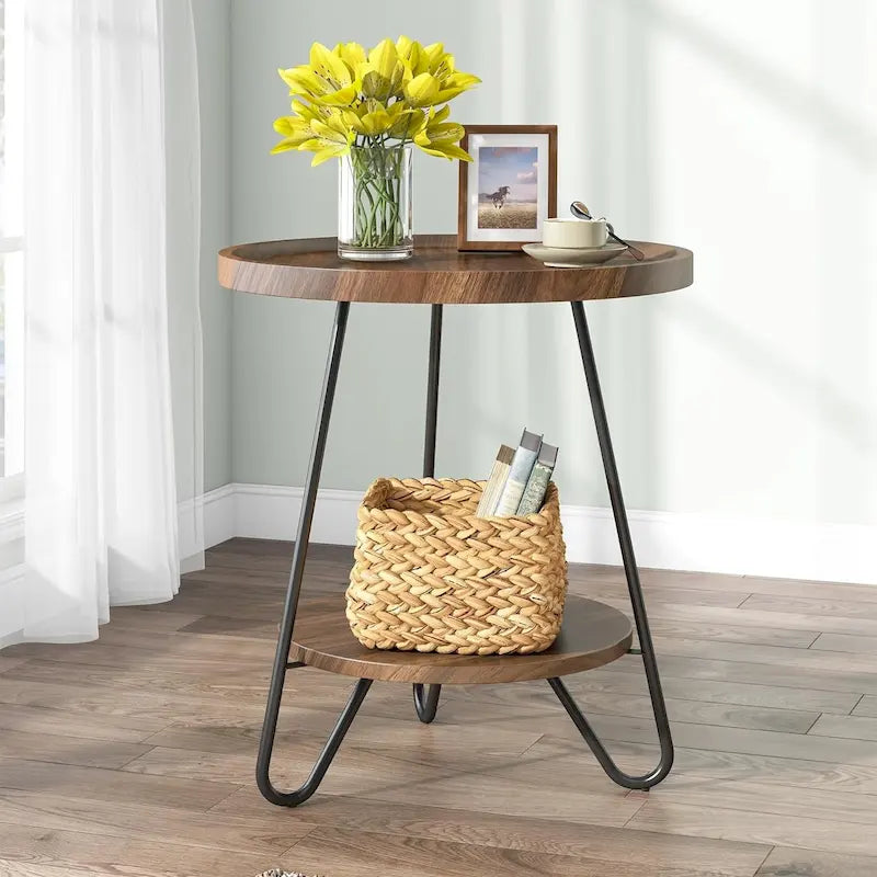 Table d'appoint ronde en bois à 2 niveaux avec pieds en métal