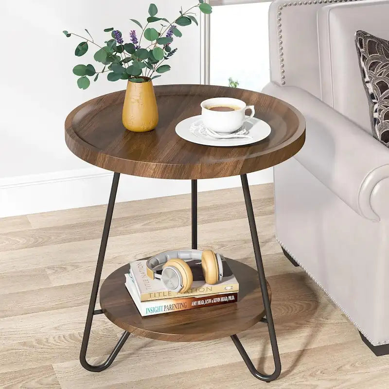 Table d'appoint ronde en bois à 2 niveaux avec pieds en métal