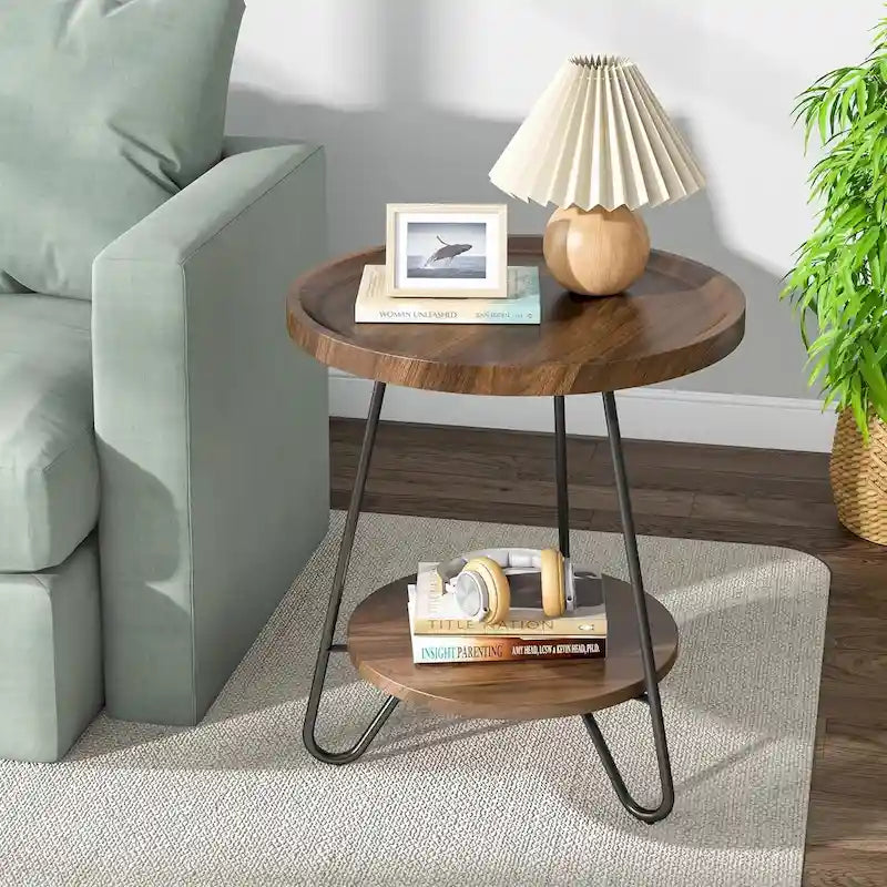 Table d'appoint ronde en bois à 2 niveaux avec pieds en métal