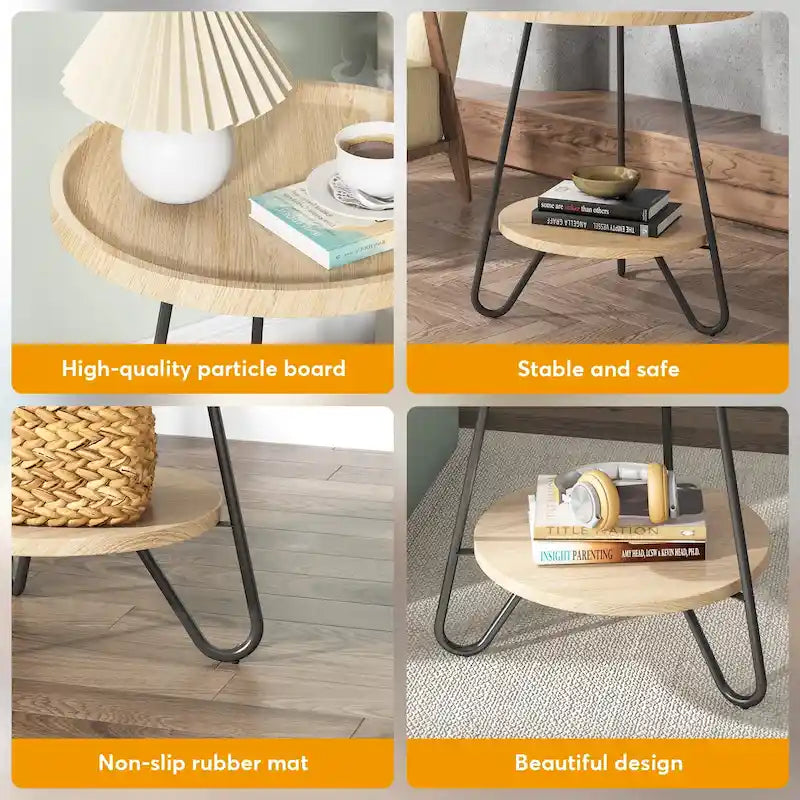 Table d'appoint ronde en bois à 2 niveaux avec pieds en métal