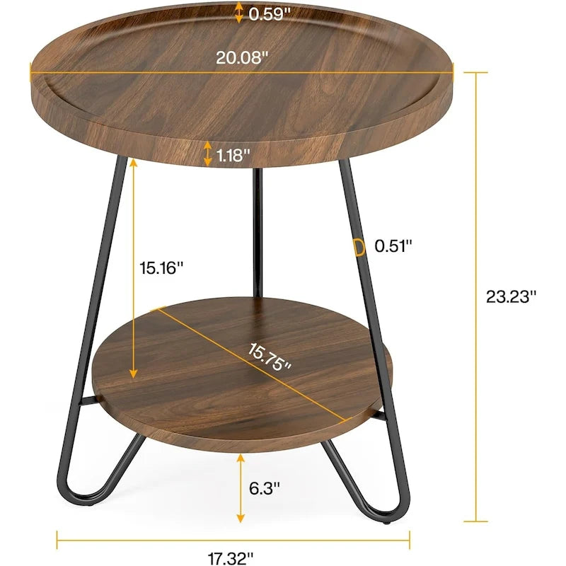 Table d'appoint ronde en bois à 2 niveaux avec pieds en métal